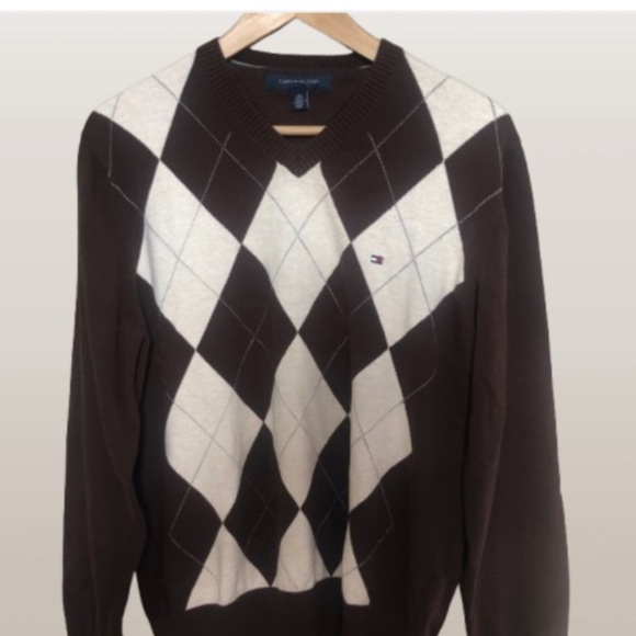 Tommy Hilfiger Brown and Cream Argyle Cotton V-Neck Pullover Sweater Large - Picture 2 of 7